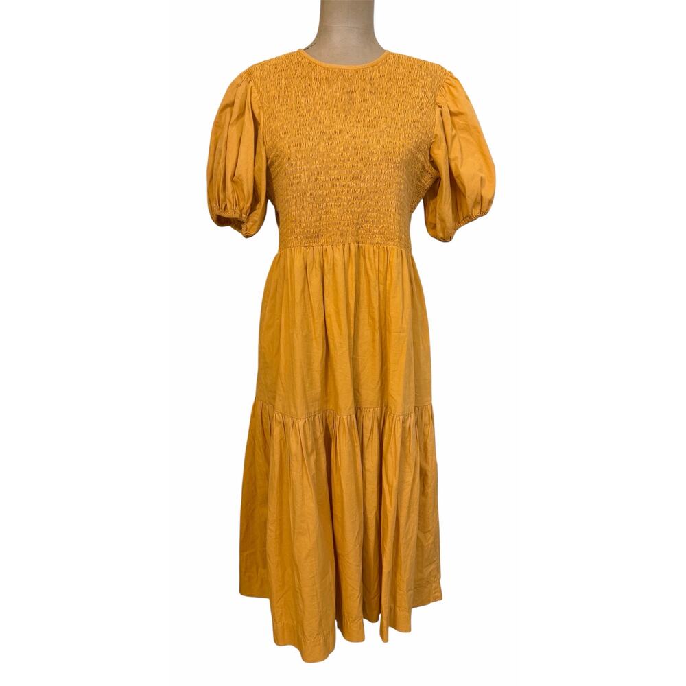 S/W/F Anthropologie Midi Dress Orange Cotton Smocked Bust Puff Sleeve Medium - Picture 6 of 7